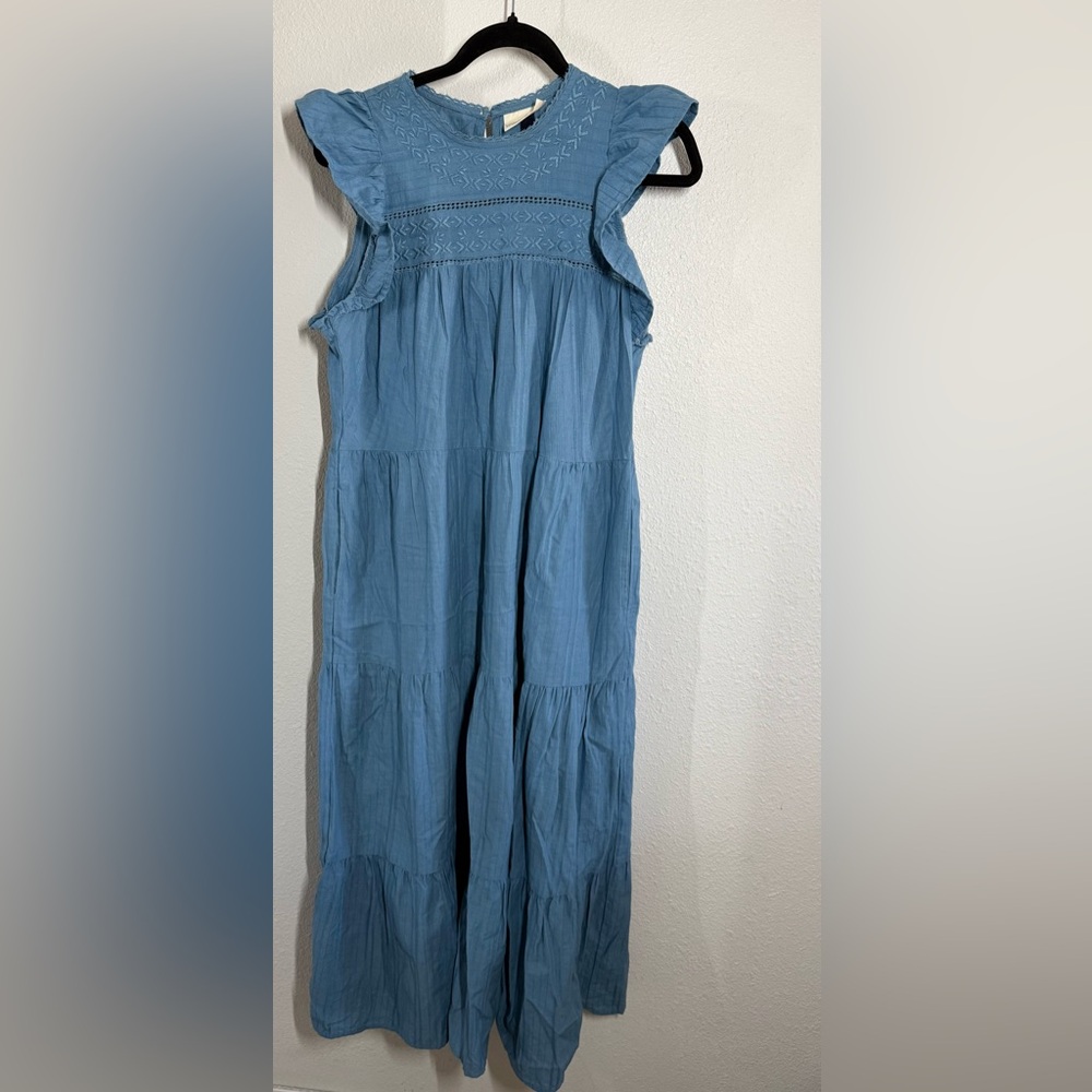 Universal Thread Tiered Blue Maxi Dress Size M Ruffle Flutter Sleeves Embroidery